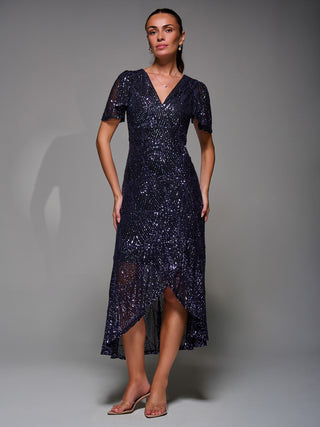 Sequin Angel Sleeve Ruffle Hem Maxi Dress, Black Purple