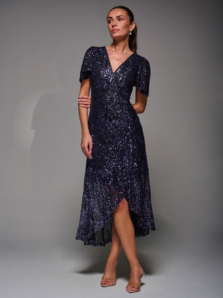 Sequin Angel Sleeve Ruffle Hem Maxi Dress, Black Purple