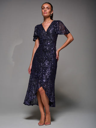 Sequin Angel Sleeve Ruffle Hem Maxi Dress, Black Purple