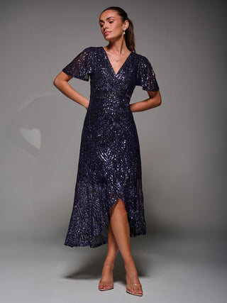 Sequin Angel Sleeve Ruffle Hem Maxi Dress, Black Purple