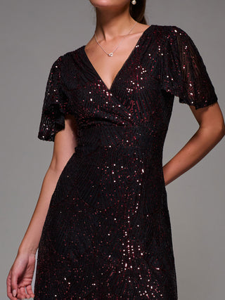 Sequin Angel Sleeve Ruffle Hem Maxi Dress, Black Red