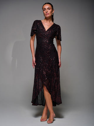 Sequin Angel Sleeve Ruffle Hem Maxi Dress, Black Red