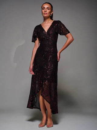 Sequin Angel Sleeve Ruffle Hem Maxi Dress, Black Red