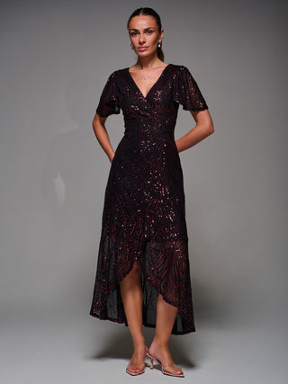 Sequin Angel Sleeve Ruffle Hem Maxi Dress, Black Red