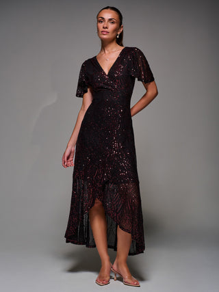 Sequin Angel Sleeve Ruffle Hem Maxi Dress, Black Red