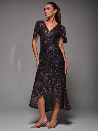 Sequin Angel Sleeve Ruffle Hem Maxi Dress, Black Rose Gold Jolie Moi Retail Sequin Angel Sleeve Ruffle Hem Maxi Dress, Black Rose Gold Jolie Moi Retail