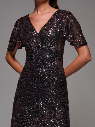 Sequin Angel Sleeve Ruffle Hem Maxi Dress Black, Rose Gold
