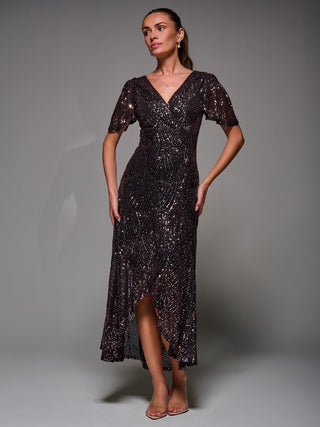 Sequin Angel Sleeve Ruffle Hem Maxi Dress Black, Rose Gold