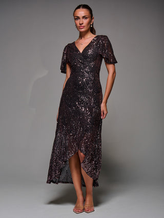 Sequin Angel Sleeve Ruffle Hem Maxi Dress Black, Rose Gold