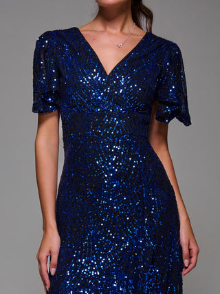 Sequin Angel Sleeve Ruffle Hem Maxi Dress, Black Royal Blue