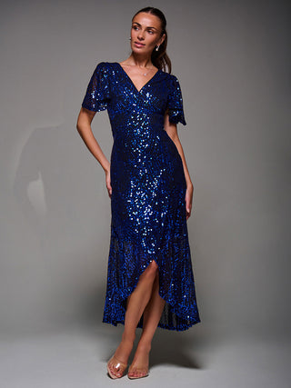 Sequin Angel Sleeve Ruffle Hem Maxi Dress, Black Royal Blue