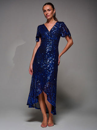 Sequin Angel Sleeve Ruffle Hem Maxi Dress, Black Royal Blue