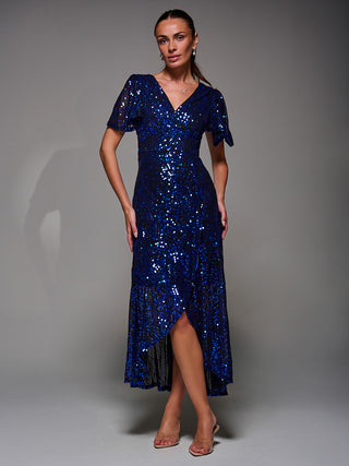 Sequin Angel Sleeve Ruffle Hem Maxi Dress, Black Royal Blue