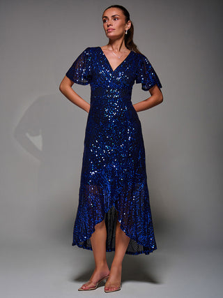Sequin Angel Sleeve Ruffle Hem Maxi Dress, Black Royal Blue