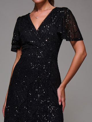 Sequin Angel Sleeve Ruffle Hem Maxi Dress, Black