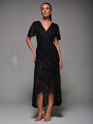 Sequin Angel Sleeve Ruffle Hem Maxi Dress, Black