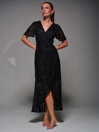 Sequin Angel Sleeve Ruffle Hem Maxi Dress, Black