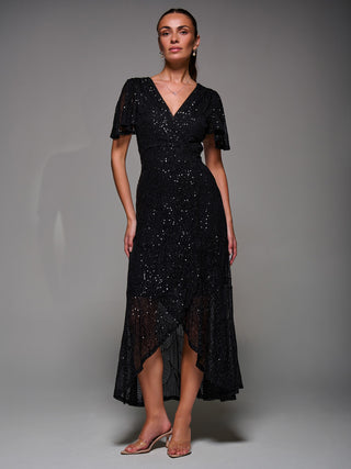Sequin Angel Sleeve Ruffle Hem Maxi Dress, Black