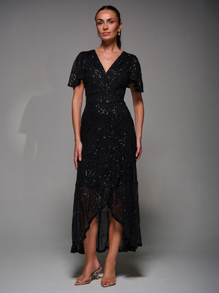 Sequin Angel Sleeve Ruffle Hem Maxi Dress, Black