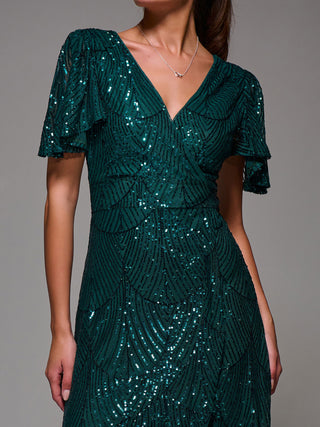 Sequin Angel Sleeve Ruffle Hem Maxi Dress, Dark Green
