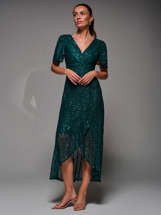 Sequin Angel Sleeve Ruffle Hem Maxi Dress, Dark Green