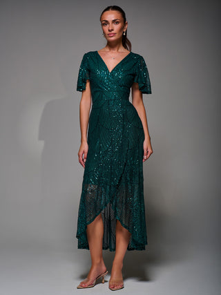 Sequin Angel Sleeve Ruffle Hem Maxi Dress, Dark Green