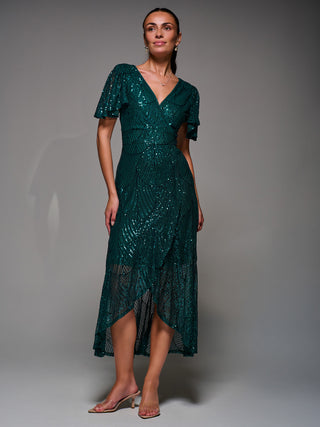 Sequin Angel Sleeve Ruffle Hem Maxi Dress, Dark Green