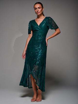 Sequin Angel Sleeve Ruffle Hem Maxi Dress, Dark Green