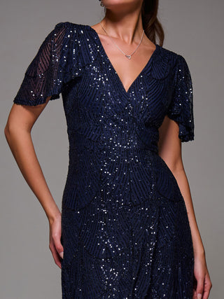 Sequin Angel Sleeve Ruffle Hem Maxi Dress, Navy