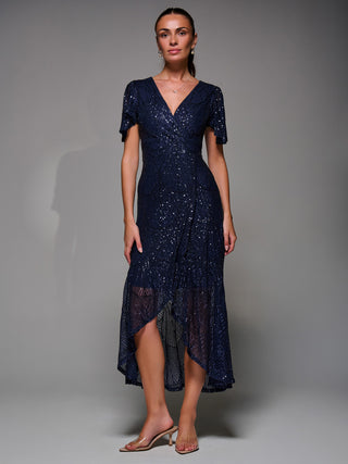 Sequin Angel Sleeve Ruffle Hem Maxi Dress, Navy