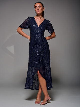 Sequin Angel Sleeve Ruffle Hem Maxi Dress, Navy
