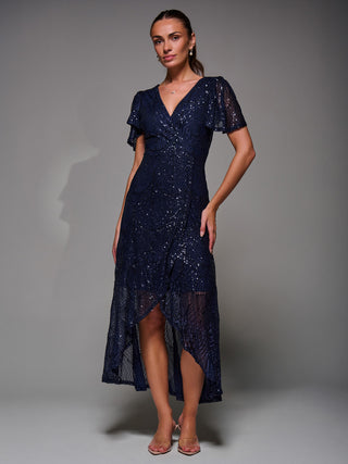 Sequin Angel Sleeve Ruffle Hem Maxi Dress, Navy