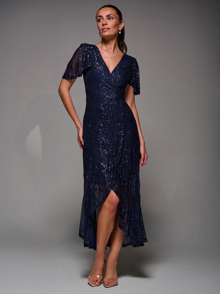 Sequin Angel Sleeve Ruffle Hem Maxi Dress, Navy