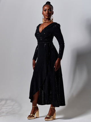 Long Sleeve Sequin V Wrap Maxi Dress - Black