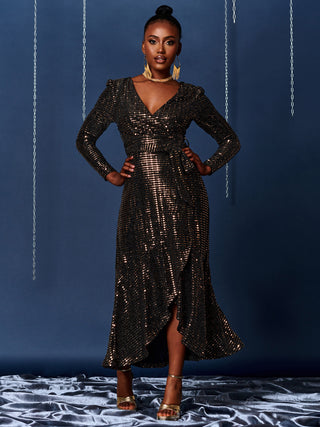 Sparkly Wrap Frill Hem Maxi Dress, Rose Gold – Jolie Moi Retail