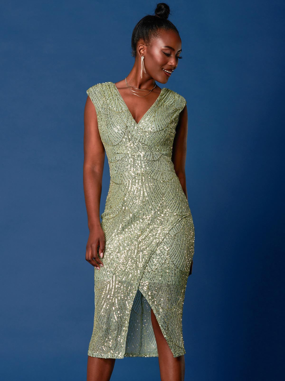 Sequin Wrap Slit Pencil Dress Dusty Green Jolie Moi Retail