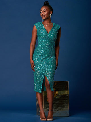 teal sequin dress Sequin Wrap Slit Pencil Dress, Teal Multi – Jolie Moi Retail