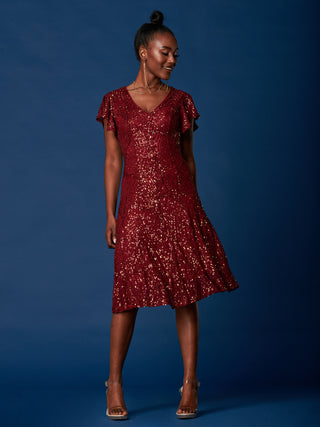 Sequin Fit & Flare Midi Dress, Burgundy Multi