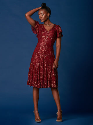 Sequin Fit & Flare Midi Dress, Burgundy Multi