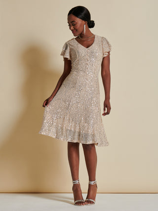 Sequin Fit & Flare Midi Dress, Oyster Jolie Moi Retail Sequin Fit & Flare Midi Dress, Oyster Jolie Moi Retail