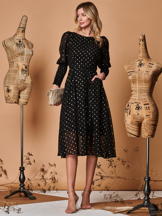 Metallic Chiffon Puff Sleeve Maxi Dress, Black Jolie Moi Retail Metallic Chiffon Puff Sleeve Maxi Dress, Black Jolie Moi Retail
