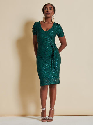 Sequin Ruched Detail Pencil Dress, Green