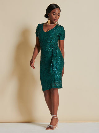 Sequin Ruched Detail Pencil Dress, Green