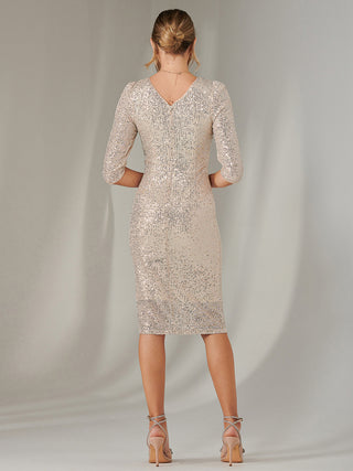 3/4 Sleeve Side Ruched Shift Dress, Beige Silver – Jolie Moi Retail