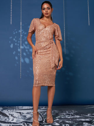 All Over Sequin Dress Midi Dress, Rose Gold