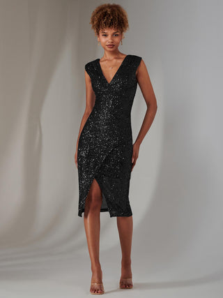 Deja Sequin Midi Dress With Slit, Black