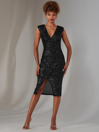 Deja Sequin Midi Dress With Slit, Black