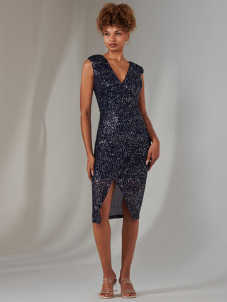 Deja Sequin Midi Dress With Slit, Navy Silver