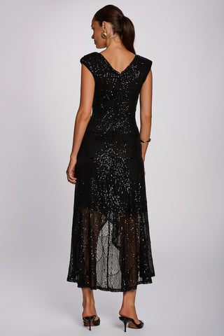 Sequin V Neckline Maxi Dress, Black