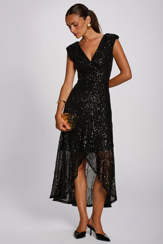 Sequin V Neckline Maxi Dress, Black